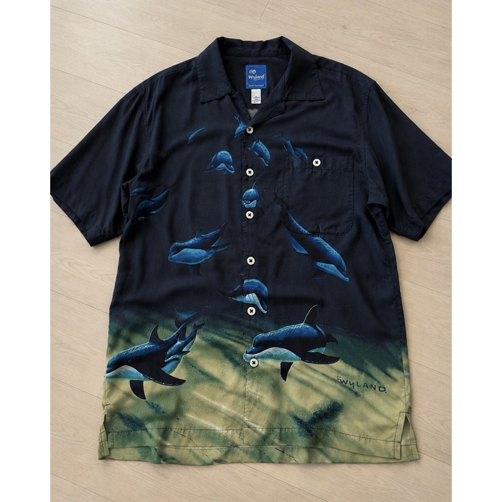 Wyland Signature Bluewater Orca Whale Camp Shirt Mens M Rayon USA Y2K